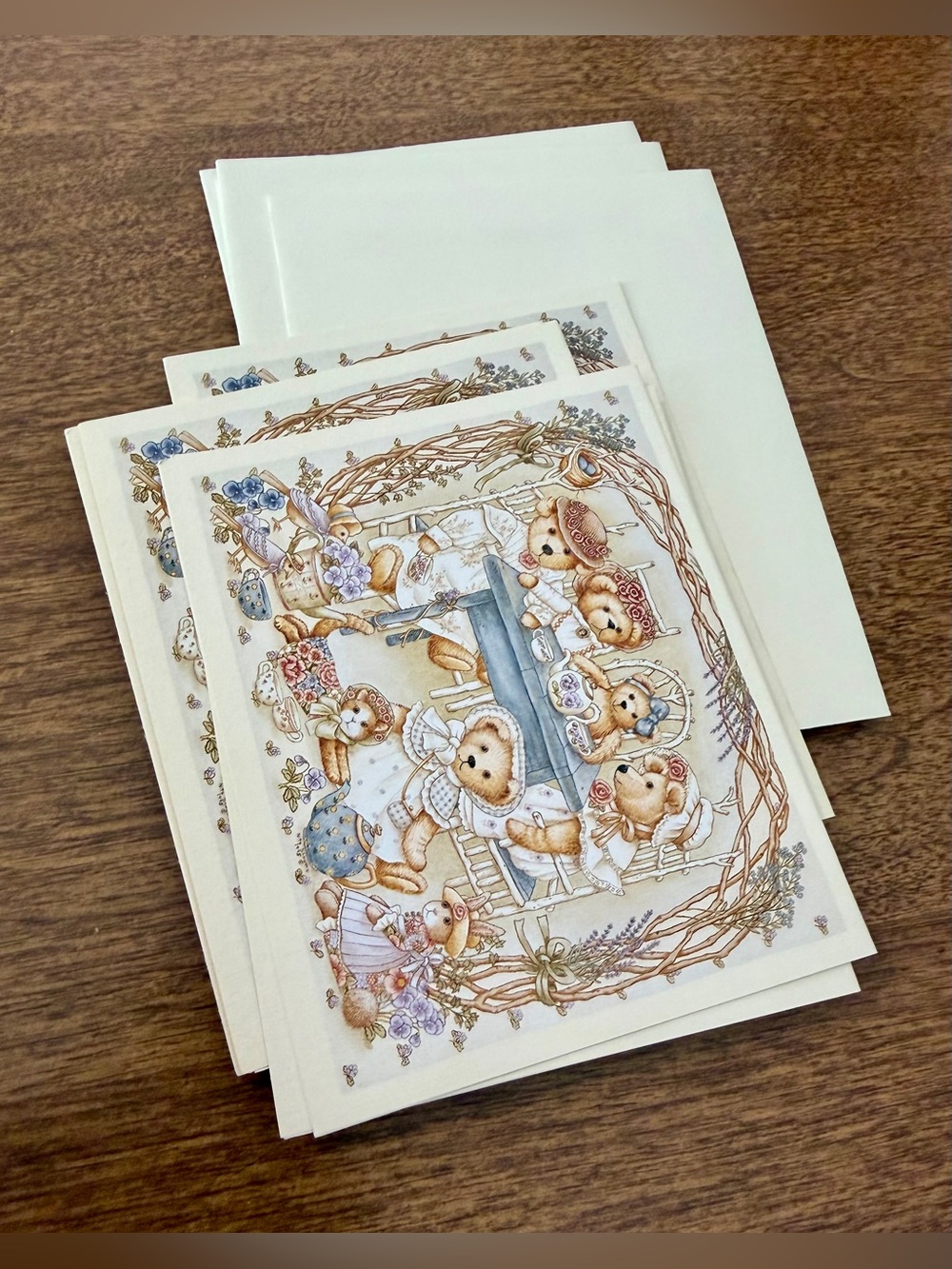 Set of 7 Vintage Teddy Tea Party Notecards, Soft Pastel Illustration 1996